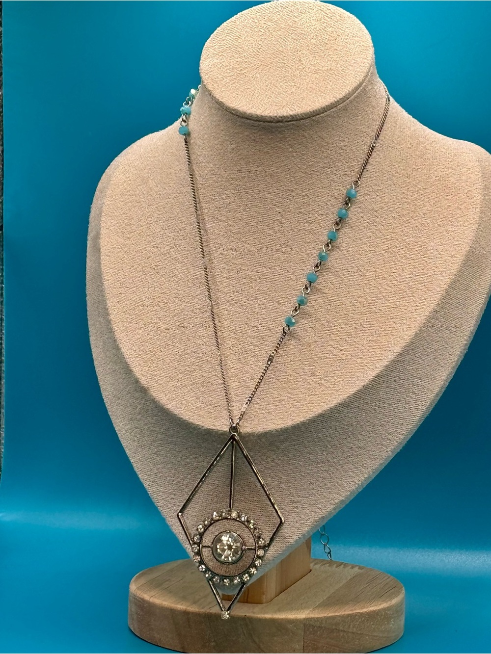 Delicate Aqua Bead Pendant Necklace with Diamond Pendant Charm